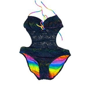 Y2K OP Rainbow Eyelet Swimsuit Size Large (11-13)